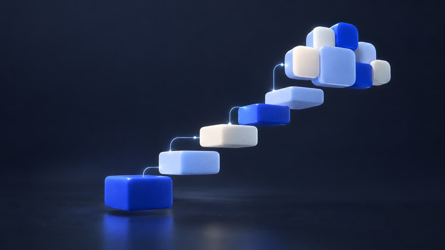 Cobalt, ivory and pale blue tiles stepping upward into a small cloud, joined by glowing lines.