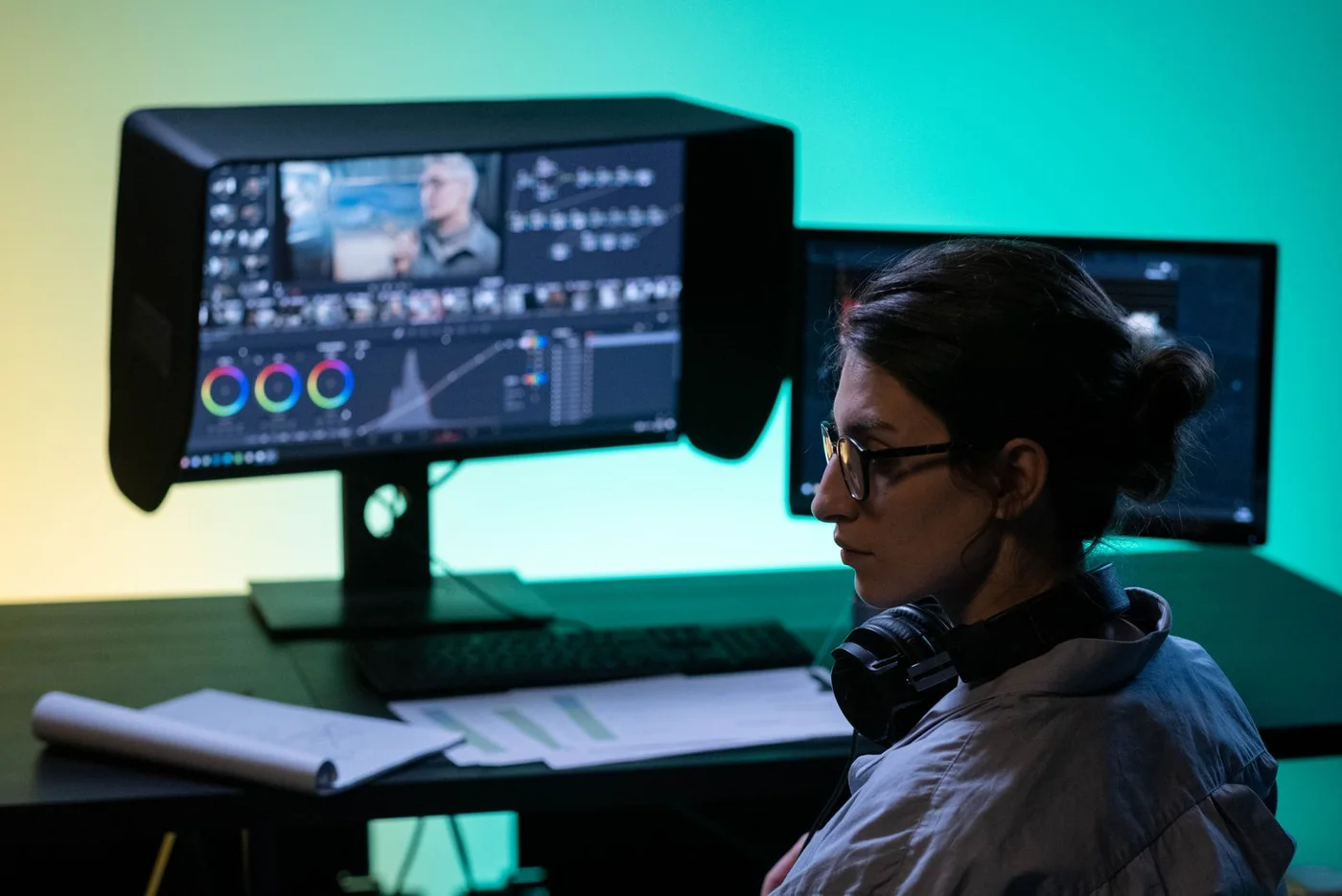 A video editor working with two monitors.