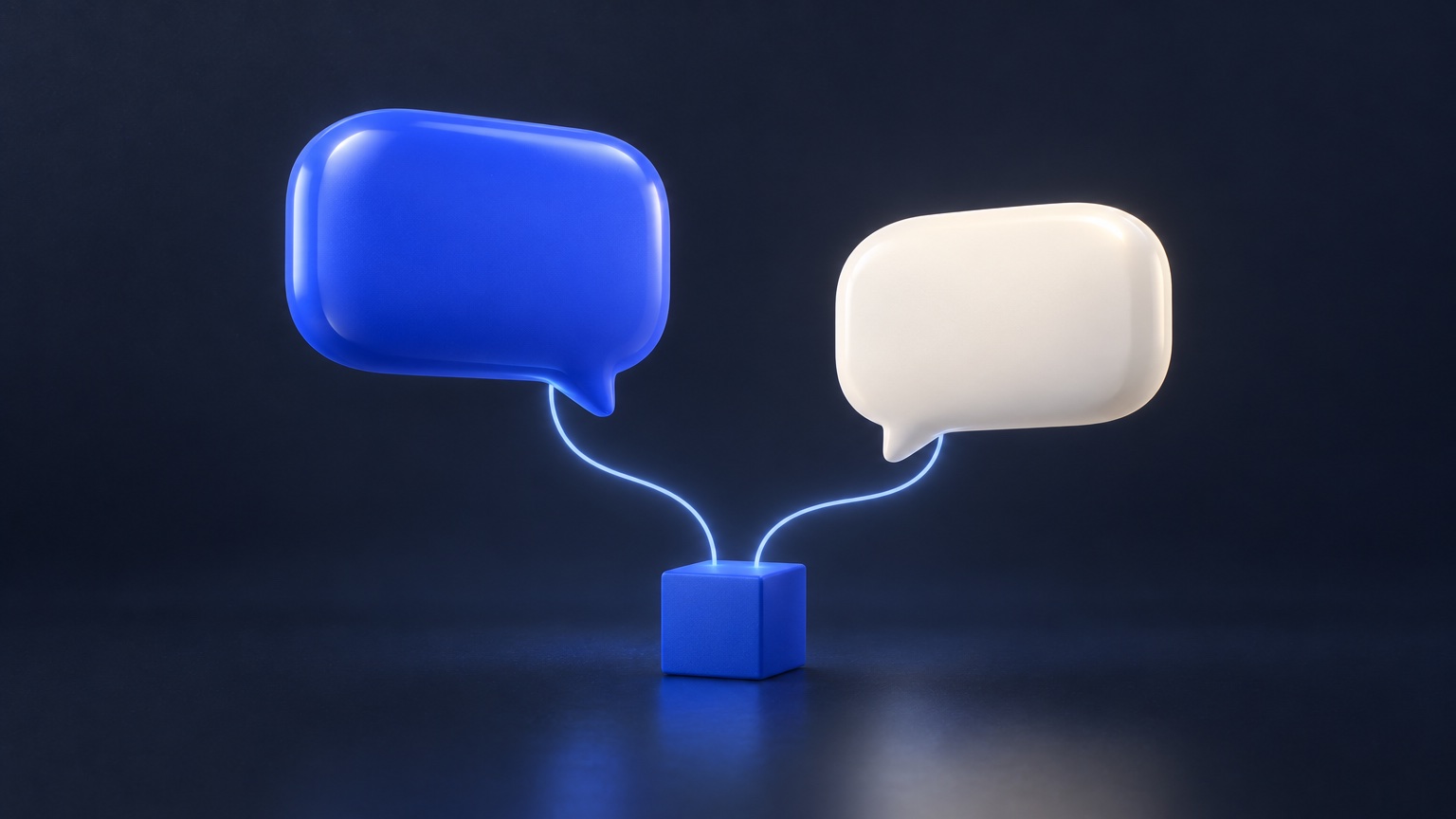 Two glossy speech bubbles, one cobalt and one ivory, wired to a small cobalt cube.